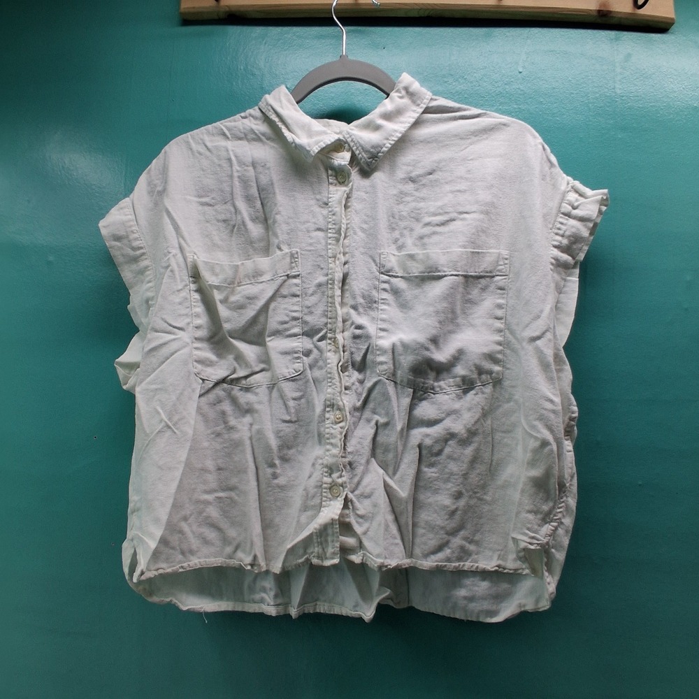 Gap Linen Blend Button Down Shirt L White Coastal Boxy Cap Sleeve Pocket